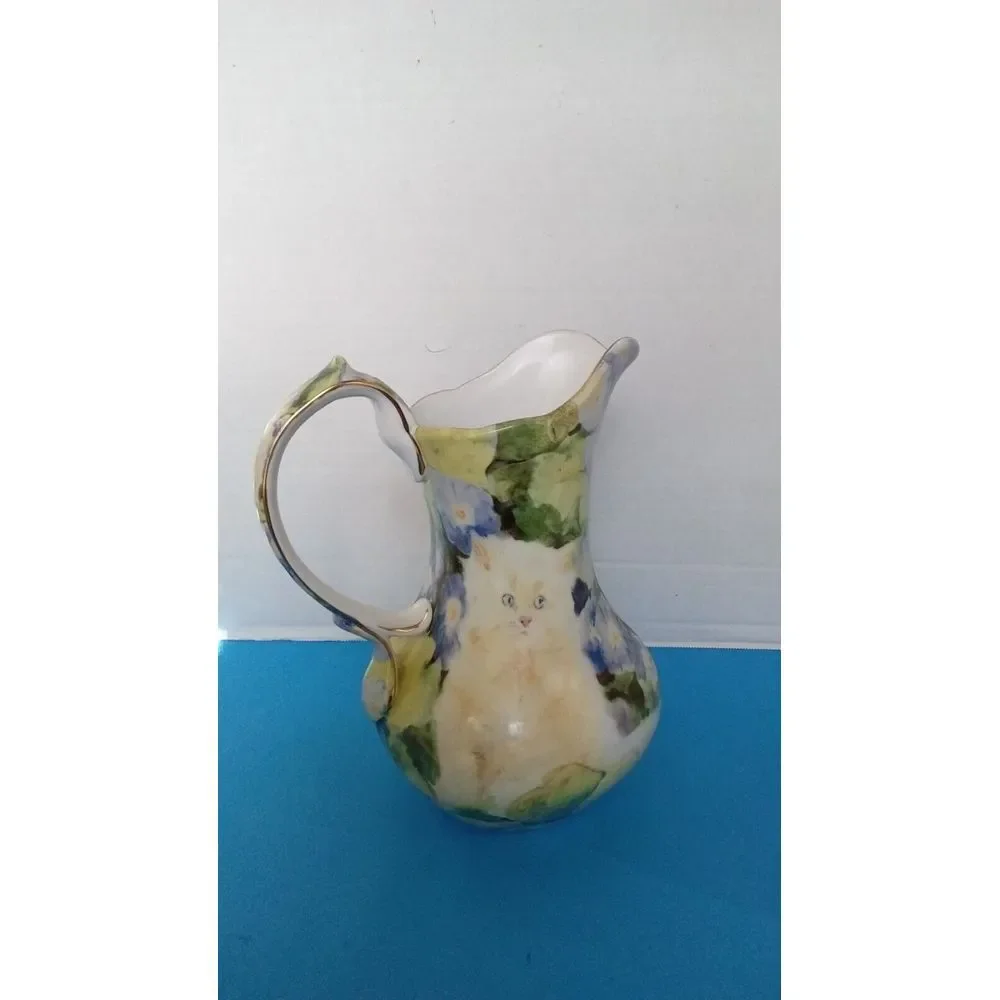 Vintage Hand-Painted Ceramic‎ Pitcher with Floral Design and Cat Motif Vase